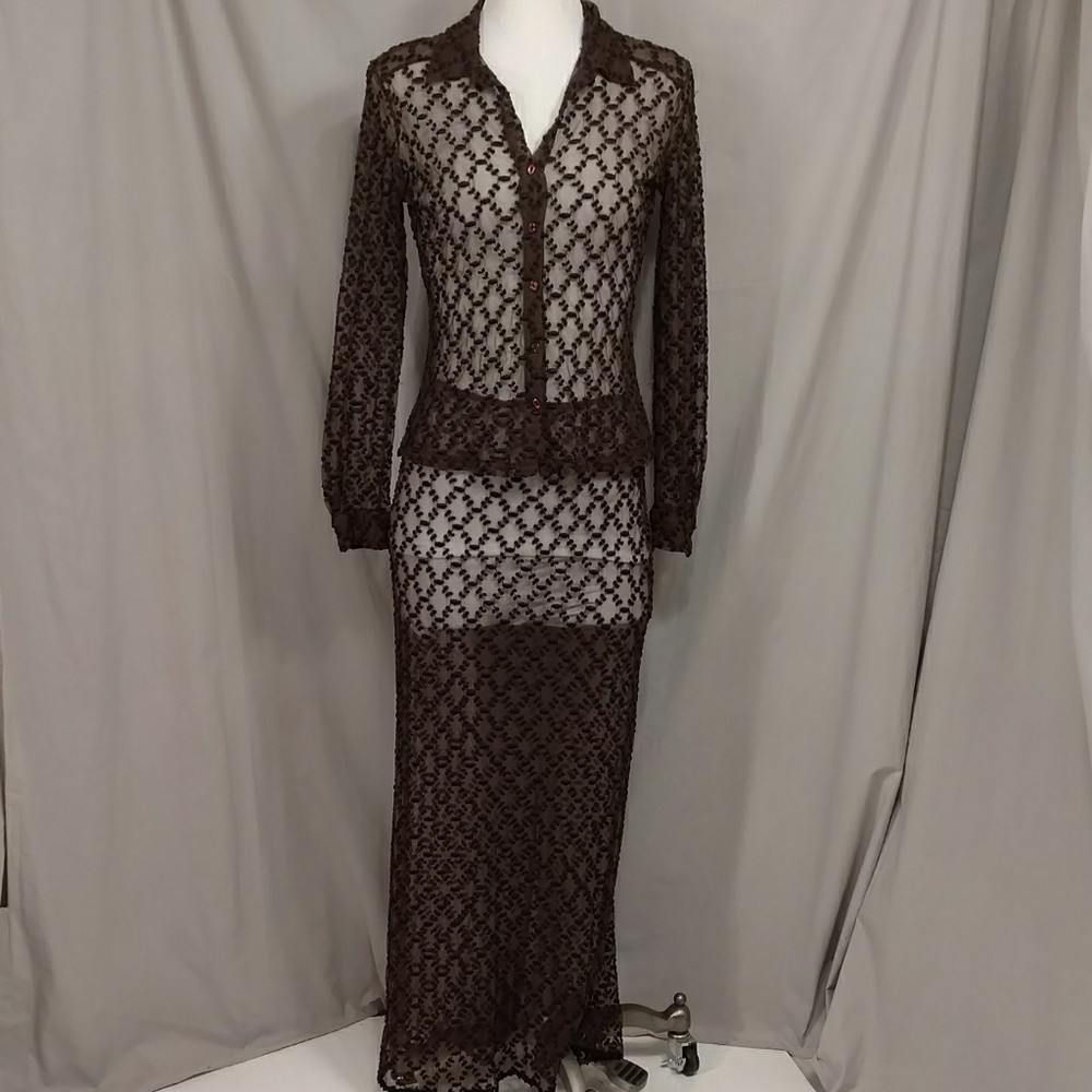 Anthro Only Hearts Sheer Sexy Maxi Shirt Dress Set L Long w Stretch Made in USA